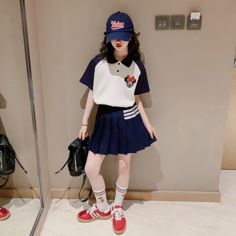 女童学院风套装夏装2024夏季儿童洋气时髦短袖两件套女孩JK裙童装