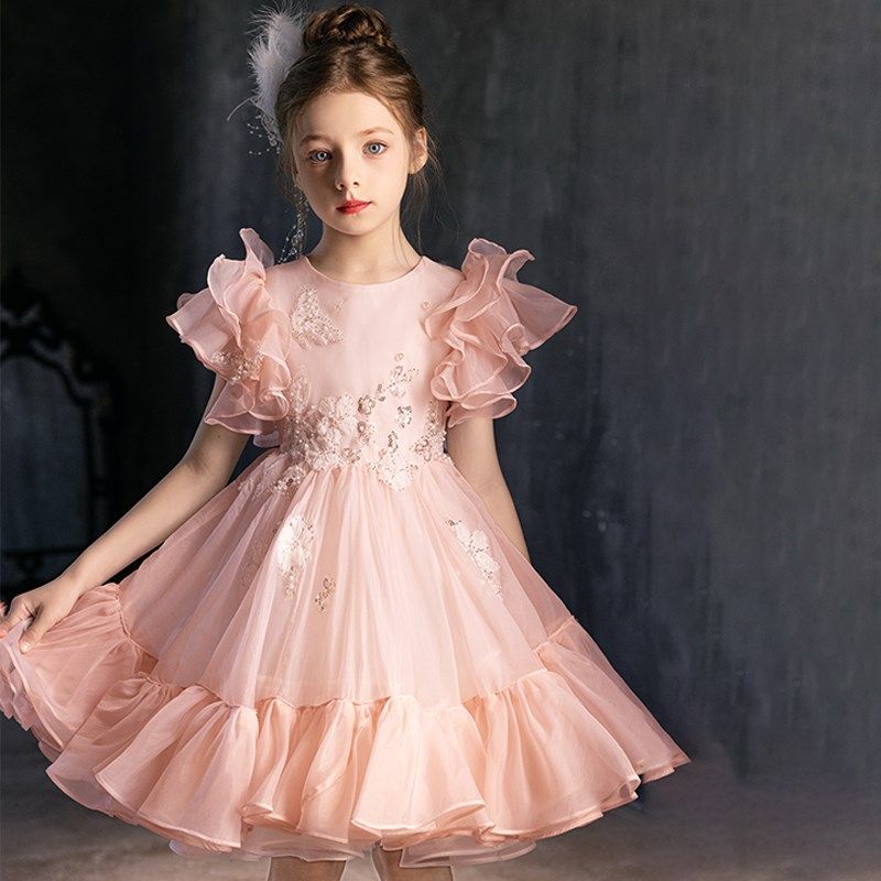 女童礼服高端粉色短款公主裙走秀生日花童主持钢琴表演儿童演出服