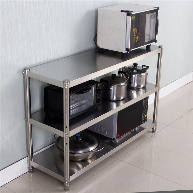不锈钢厨房置物架落地3层锅架子微波炉收纳架储物架家用货架层架