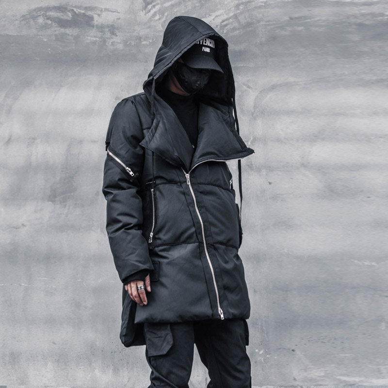 冬装潮男暗黑系个性斜拉链中长款面包服宽松连帽加厚保暖棉服外套
