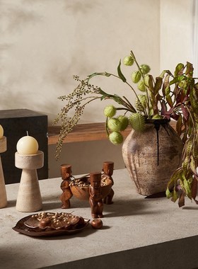 原木风摆件黑色复古烛台民宿度假村酒店软装搭配设计格调装饰花瓶