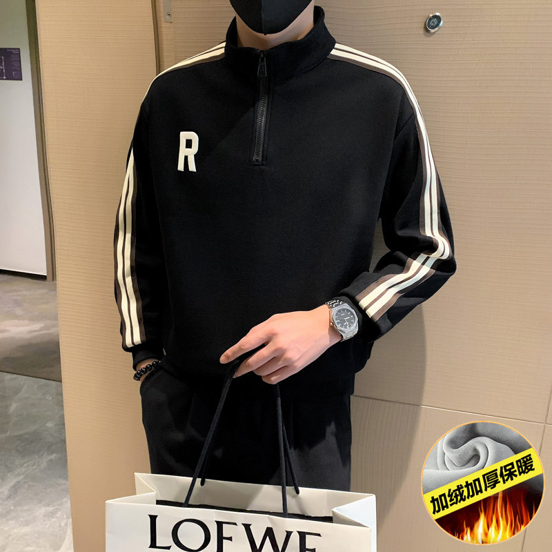 秋冬季立领半拉链加绒卫衣男拼色条纹高级感休闲冬款加厚上衣外套