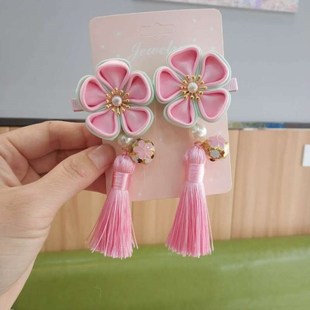 儿童红色古风流苏发夹唐装发饰手工花朵女孩饰品女宝头花汉服配饰