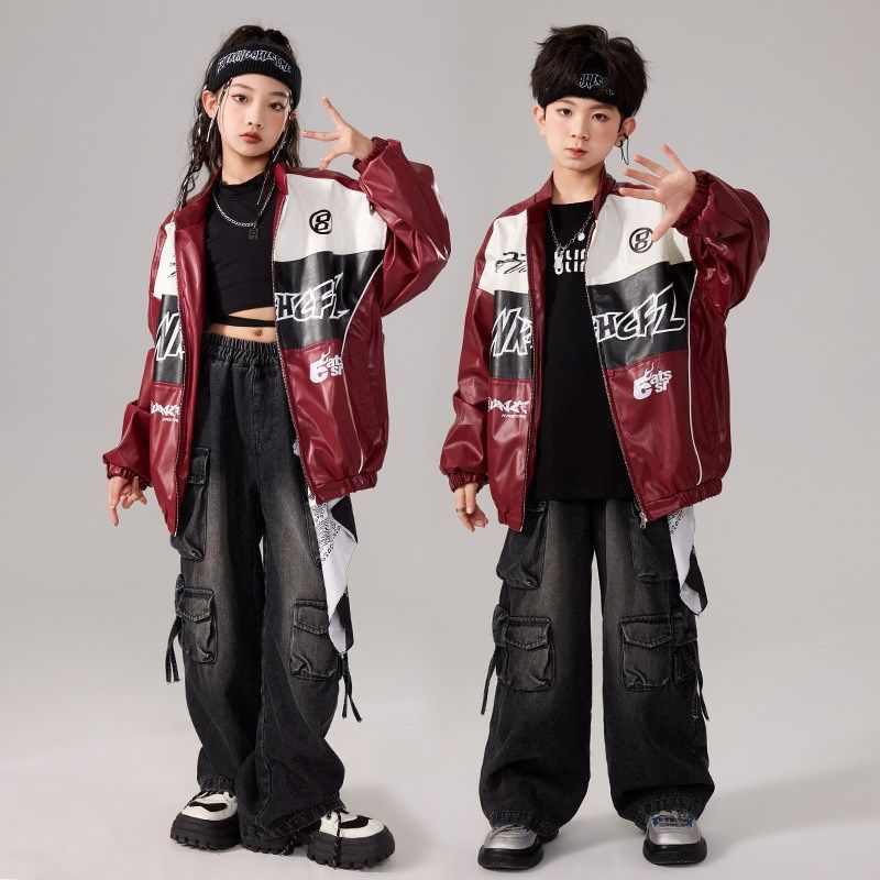 少儿街舞嘻哈男童hiphop机车皮衣外套夹克红色架子鼓元旦演出服酷