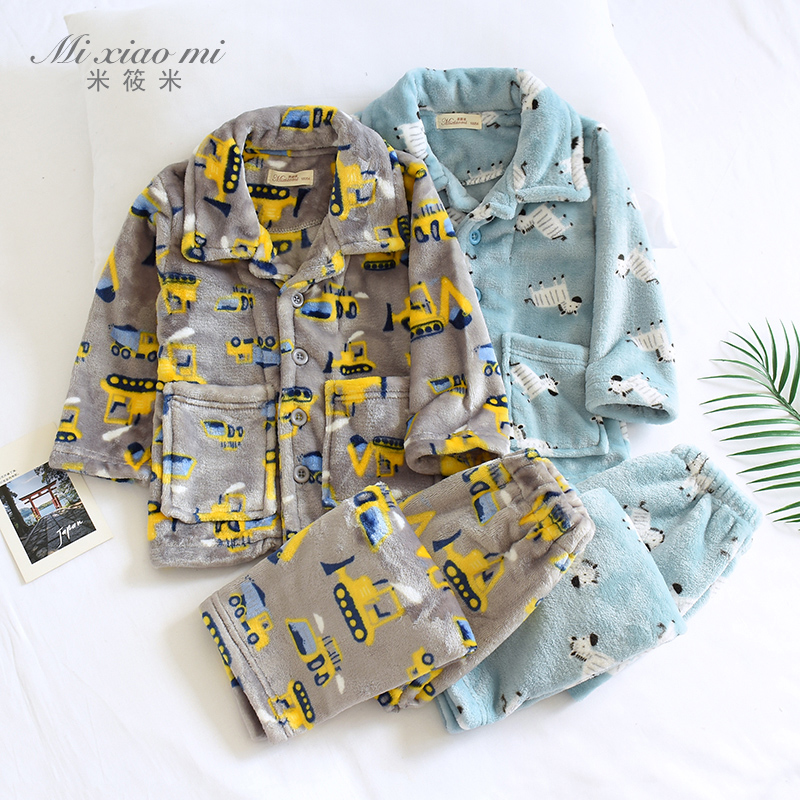 米筱米男孩秋冬加厚加密法兰绒儿童睡衣套宝宝珊瑚绒双面绒家居服