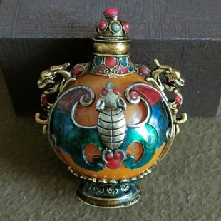 古玩收藏品双面纯铜蜜蜡镶景泰蓝鼻烟壶烟具内画鼻烟壶