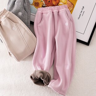 女童加绒裤子秋冬2024新款儿童加厚一体绒香蕉裤小女孩时髦直筒裤