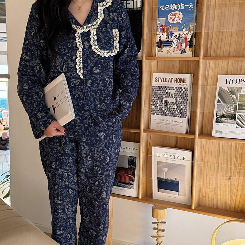全棉双层棉纱睡衣女士春夏家居服套装绉布长袖长裤可外穿大码睡衣