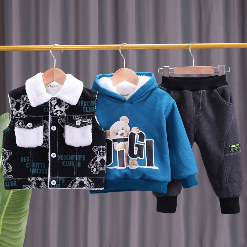 童装男童冬装套装2023新款儿童加绒加厚1一3岁宝宝冬季卫衣三件套