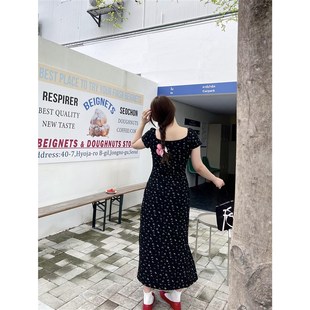 南黑微胖黑色碎花连衣裙女夏季 收腰显瘦胖mm开叉纯欲长裙 新款 大码
