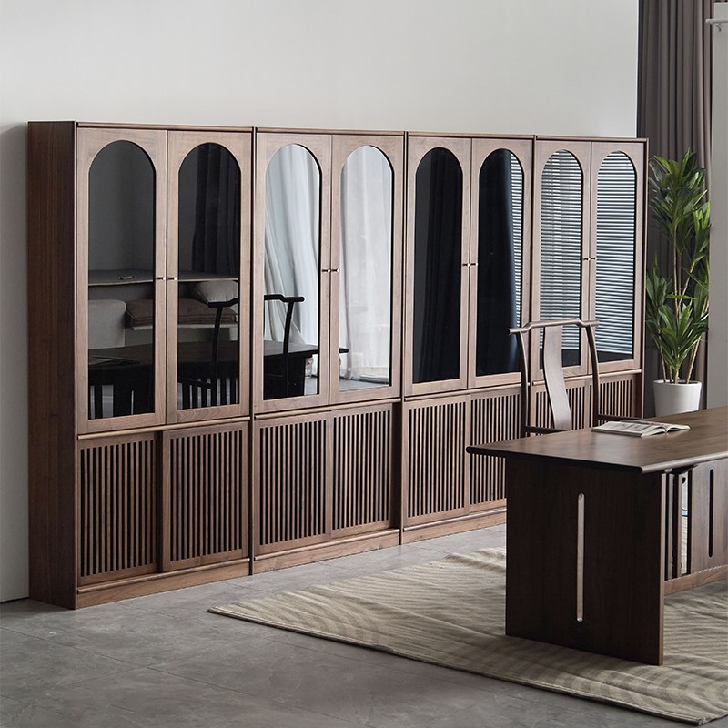 北美黑胡桃木书柜组合满墙书房收纳储物玻璃柜防尘实木格栅门书架