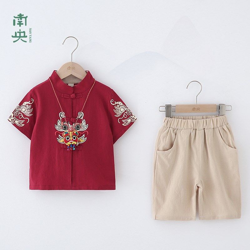 宝宝周岁宴礼服夏款儿童唐装短袖纯棉套装汉服男童中国风男孩古装