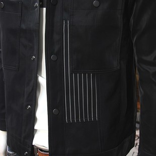 磨砂皮男皮衣夹克拼接竖条纹青年帅气皮衣简约日系翻领皮外套 秋装