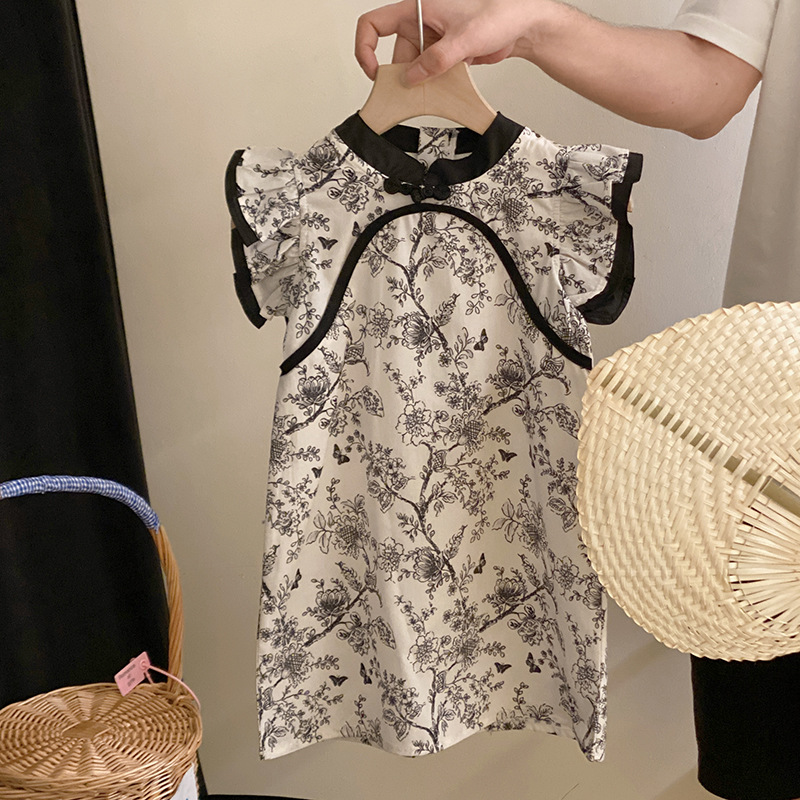 2023夏季女童新中式碎花旗袍裙宝宝复古中国风女孩水墨公主连身裙