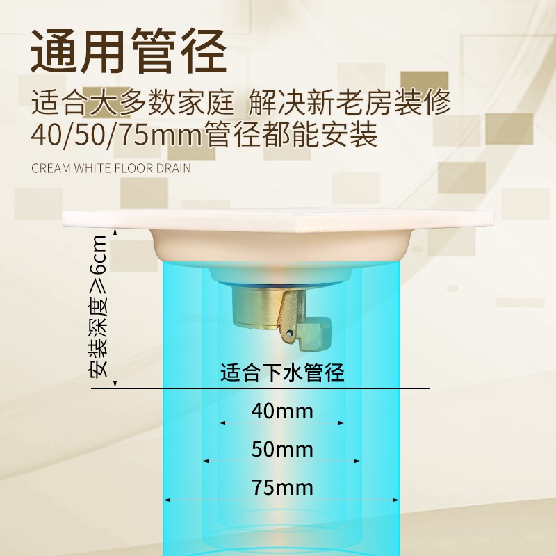 伊古韵奶油白浴室防臭防虫洗衣机铜芯地漏 卫生间隐形地漏阳台