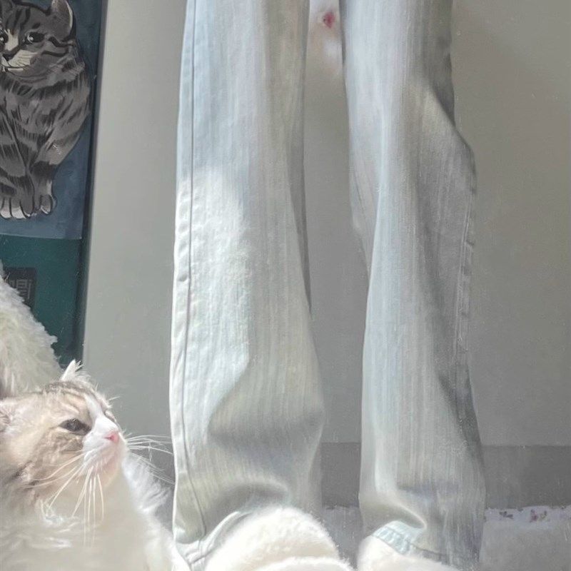 高腰垂感宽松直筒牛仔裤女秋季新款小个子显瘦浅色百搭窄版阔腿裤