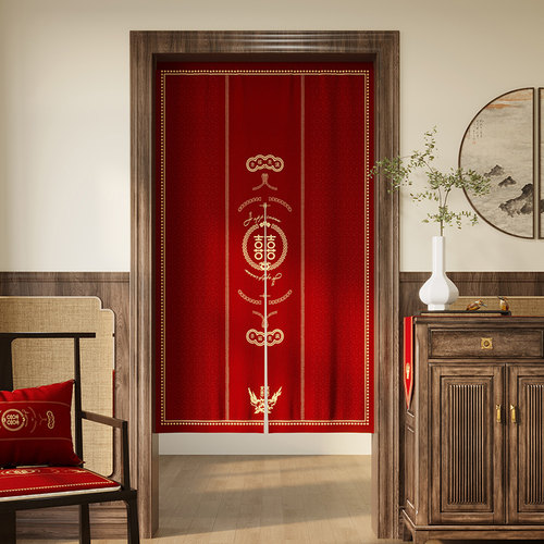 新中式国风门帘结婚免打孔家用可定制婚房卧室隔断帘红色遮挡帘子