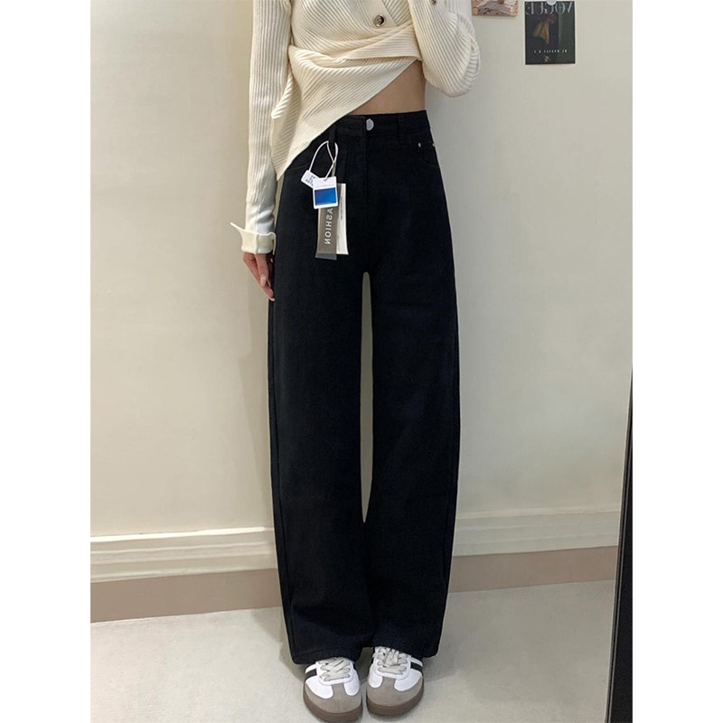 黑色加绒加厚直筒牛仔裤女冬季新款胖妹妹mm高腰遮胯显瘦阔腿长裤