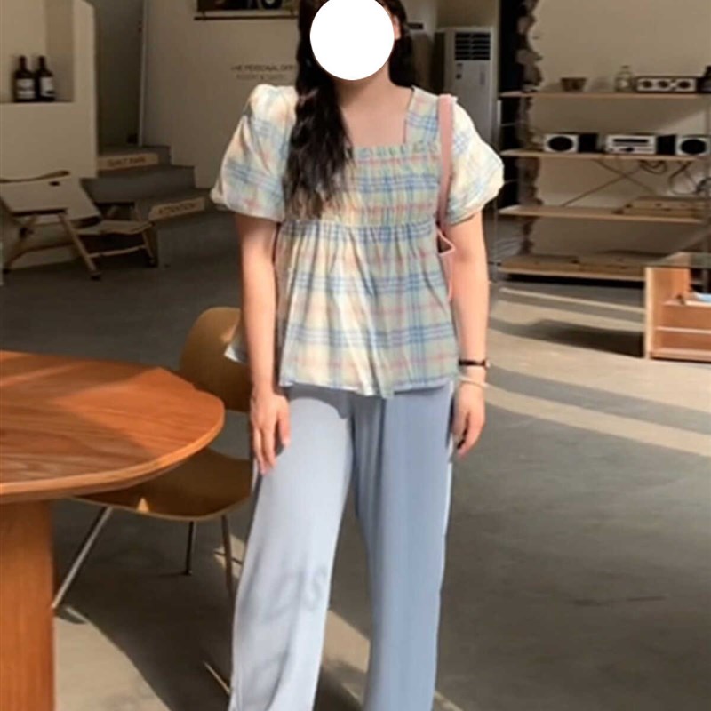2-300斤加肥加大胖mm大码甜美方领格子娃娃衫上衣女泡泡袖衬衫潮