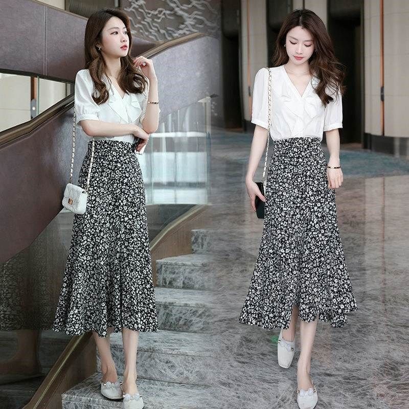 雪纺套装裙女夏季时尚气质显瘦雪纺衫高腰碎花半身裙中长款两件套,女装/女士精品,时尚套装,淘宝优惠券,粉丝福利购,淘宝优惠卷
