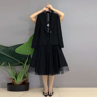 时尚 翻领钉珠西服外套网纱裙胖MM2024春秋新款 显瘦两件套 女装 大码