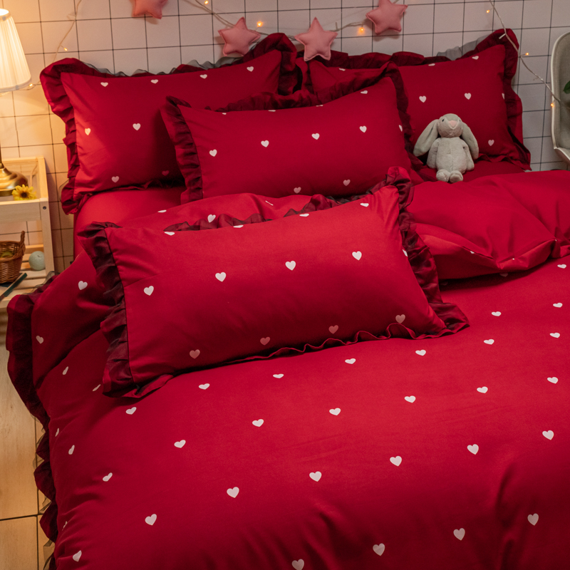 公主风纯棉床上用品四件套新婚庆少女心大红色磨毛被套结婚床单
