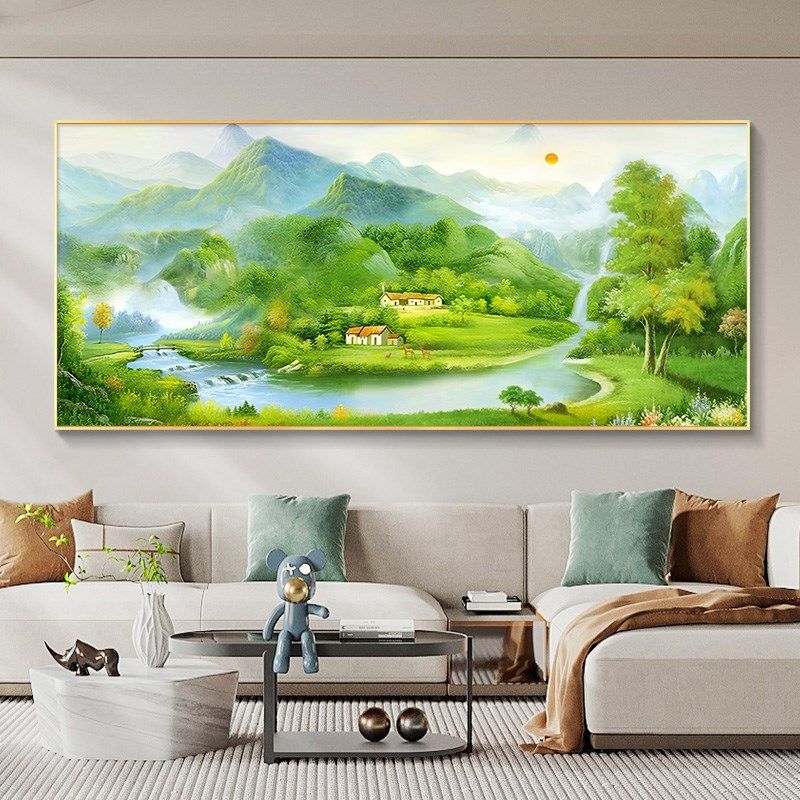 聚宝盆山水画客厅装饰画大气沙发背景墙挂画新款手绘油画壁画