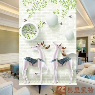 窗帘客厅装 现代简约欧式 饰画帘3D立体麋鹿隔断帘遮光隔热卷帘拉帘