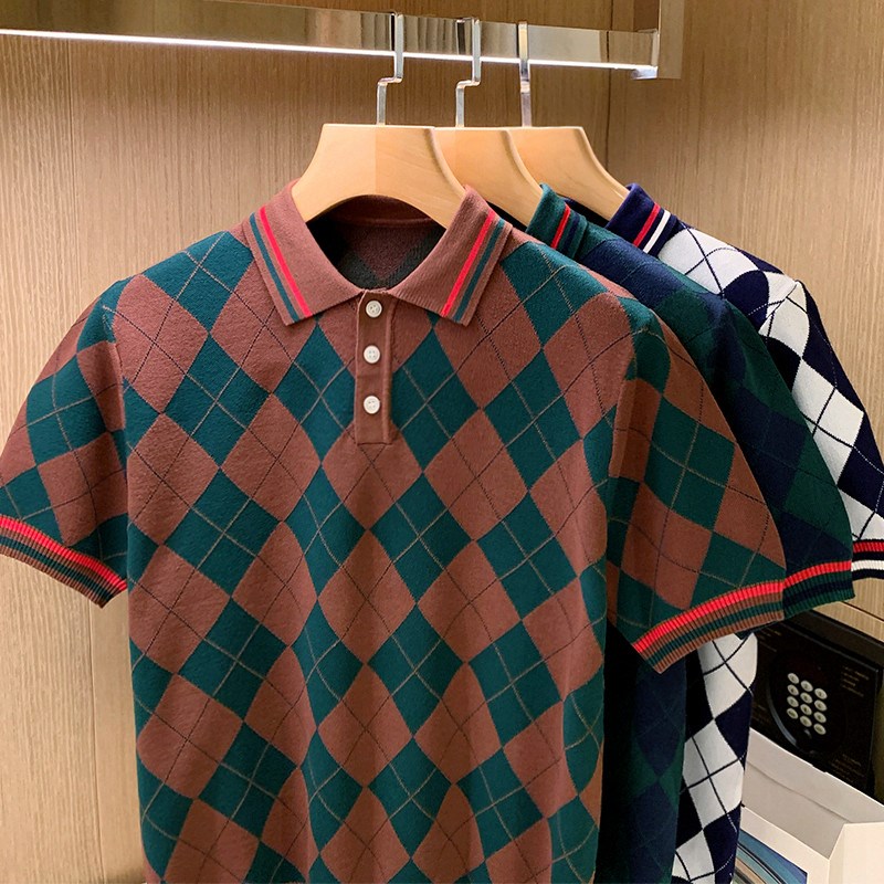 英伦复古男装翻领上衣针织短袖男夏季新款拼色菱格时尚男士polo衫