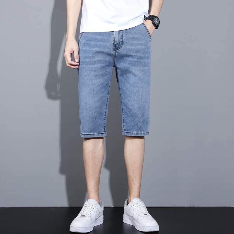 夏季薄款弹力男士牛仔中裤宽松直筒浅色七分短裤男五分2022年新款