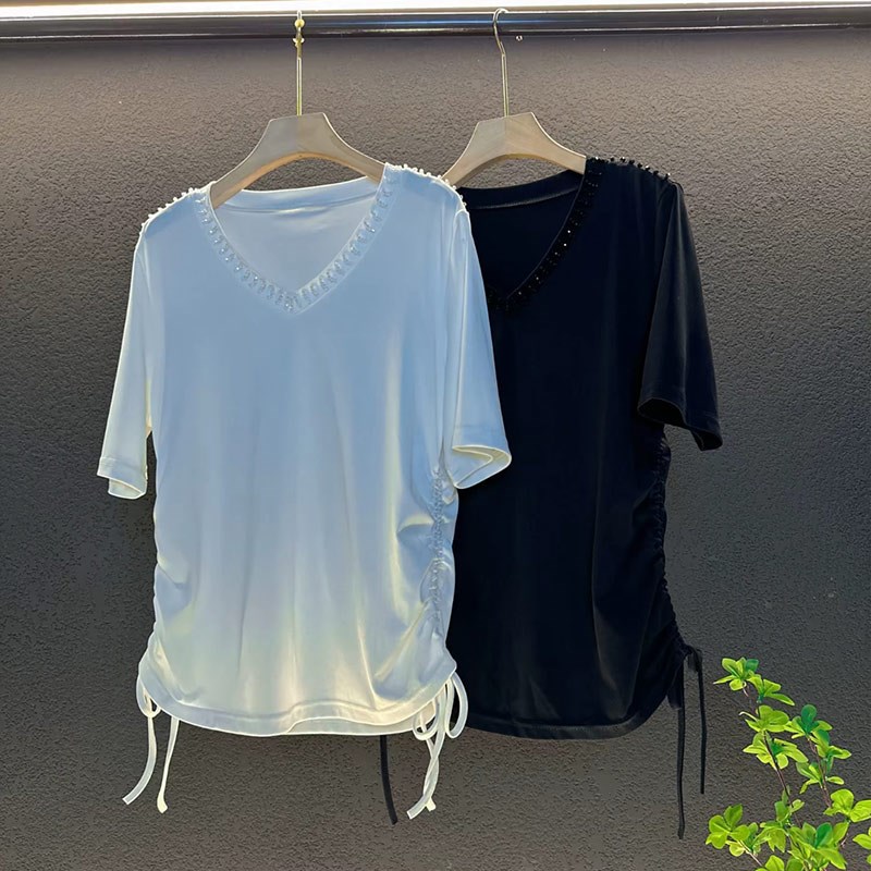 大码女装圆领钉珠边侧压褶抽绳T恤衫胖妹妹夏季款U简约百搭上衣潮