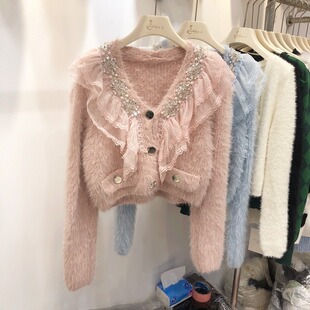 蕾丝花边马海毛短款开衫q女2021秋冬韩版重工钉珠镶钻V领外套毛衣