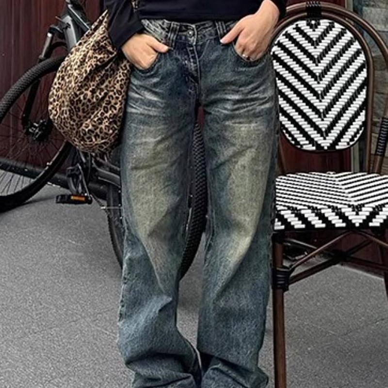 美式大码复古水洗做旧微喇牛仔裤女春秋宽松休闲直筒垂Z感阔腿长
