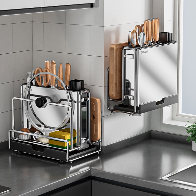 304不锈钢厨房刀架p置物架放菜板菜刀架筷子笼一体刀具砧板收纳架