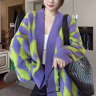 高级感加厚菱形格毛衣外套女2023秋冬I爆款时尚宽松中长款针织开