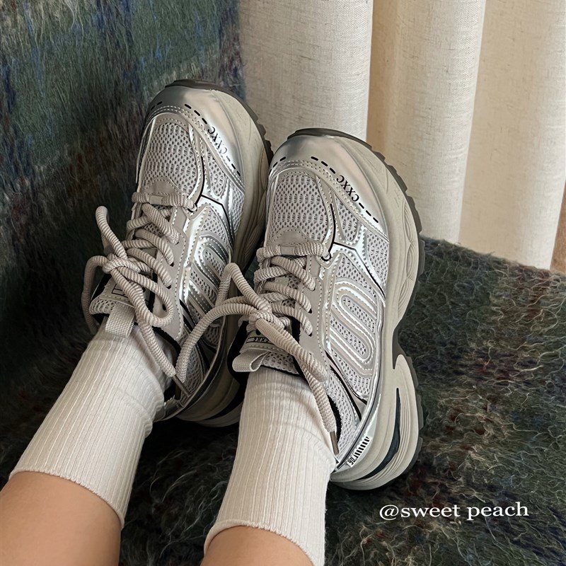 甜桃星球 银色厚底老爹鞋女2x025新款夏季复古增高百搭休闲运动鞋