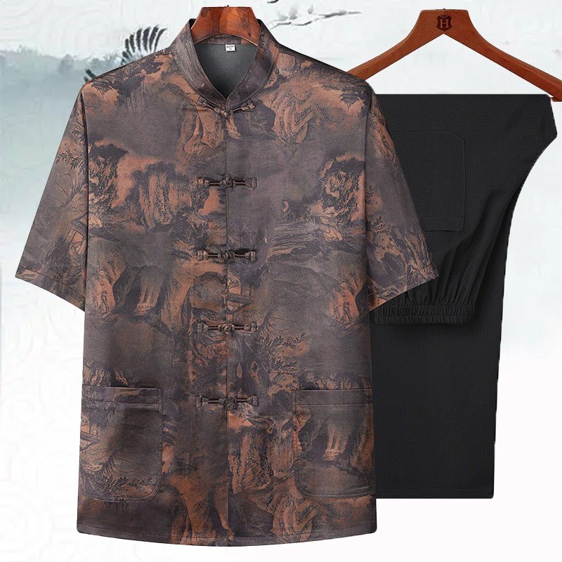 高端唐装短袖男中老年人爸爸套装夏季薄款国潮爷爷V中山装老人衣