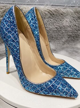 新款12bcm蓝色亮片高跟新娘鞋女10cm细跟婚鞋日常两穿婚纱伴娘鞋