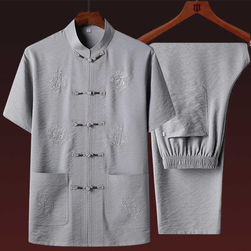 中老年唐装男棉麻套装夏季爸v爸中国风男装汉服短袖爷爷老年人衣