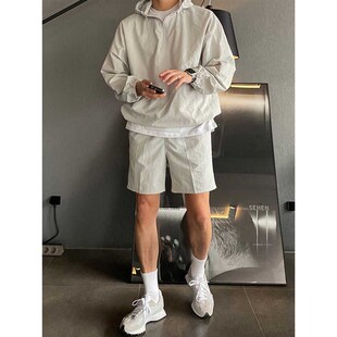 春夏运动套装男款宽松潮牌连帽防晒衣服外套M韩版潮流休闲五分短