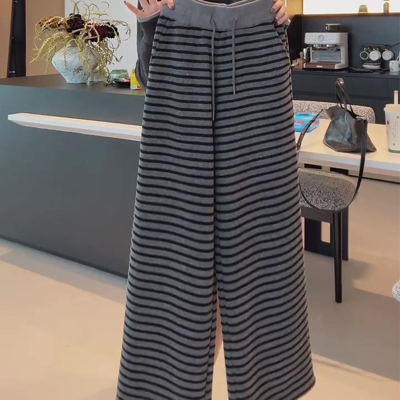 黑灰撞色条e纹高腰休闲阔腿裤女2025年春季新款欧货软糯百搭直筒