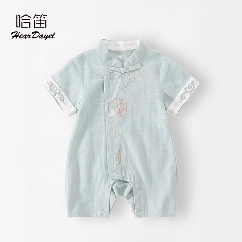 婴儿棉麻复古中国风连体衣夏装满月汉服衣服男女宝宝百天周岁礼服