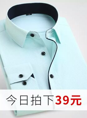 春季淡绿色衬衫男长袖商务职业装修身免J烫斜纹白衬衣西装打底衫
