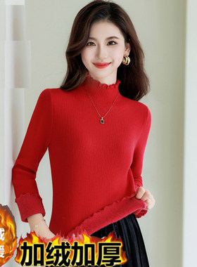 半高领加绒毛衣女加厚q一体绒保暖秋冬小个子短款针织木耳边打底
