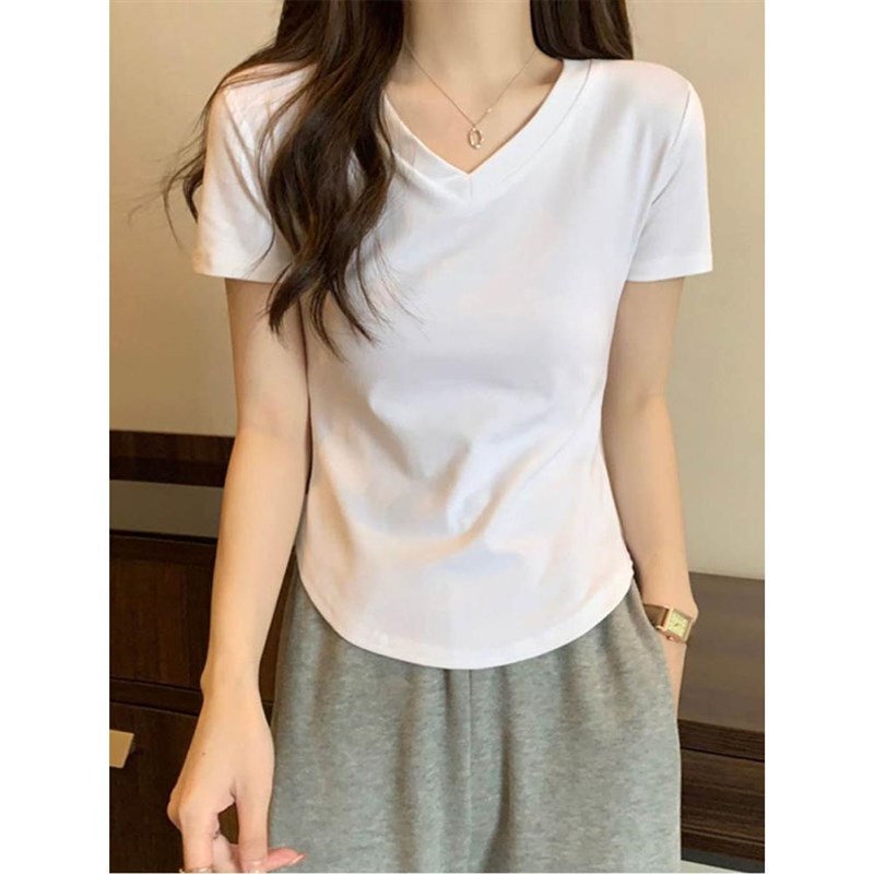 纯棉短袖T恤女夏季新款修身显瘦不规则下摆体恤收腰纯欲短款上衣