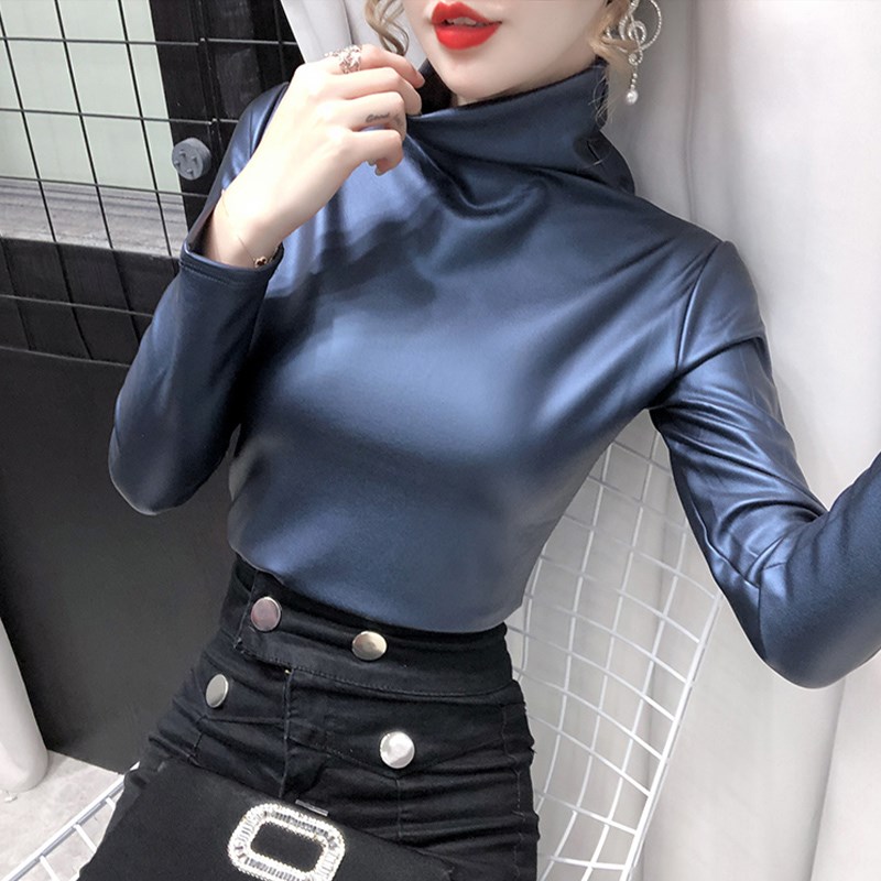 加绒高领打底衫女长袖2024新款秋冬洋气修身上衣长袖t恤弹力皮衣