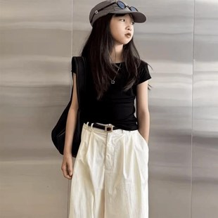 豆丁奇遇儿童洋气红色黑色紧身短款上衣女童紫色短袖t恤大童童装