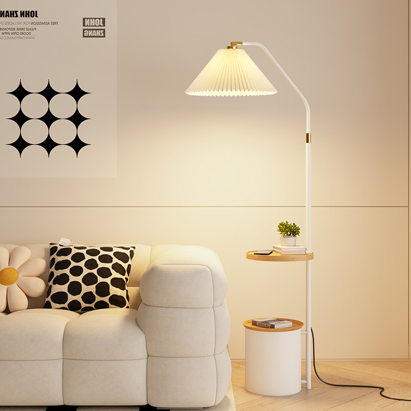 百褶落地灯卧室灯床头柜一体新款置物法式奶油风客厅沙发边几台灯,家装灯饰光源,置物功能落地灯,淘宝优惠券,粉丝福利购,淘宝优惠卷
