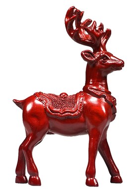 红色木雕梅花鹿摆件家居客厅实木麋鹿一对工艺品桌面摆设酒柜装饰