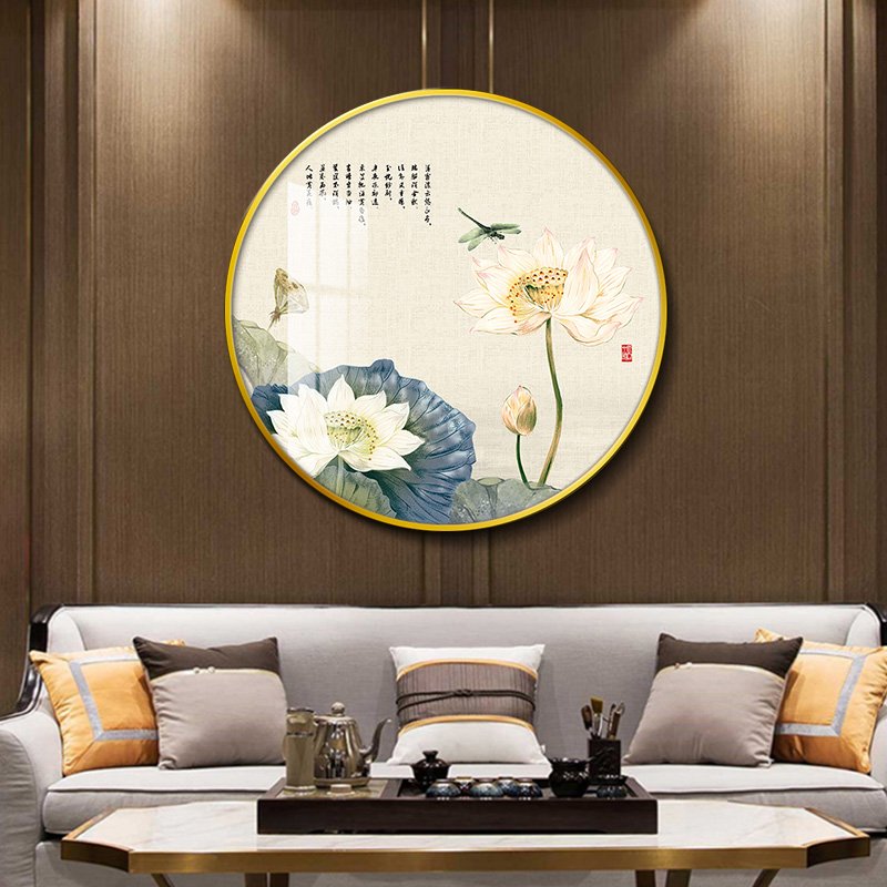 进门入户玄关装饰画新中式荷花蜻蜓大圆形挂画餐厅背景墙晶瓷壁画图片
